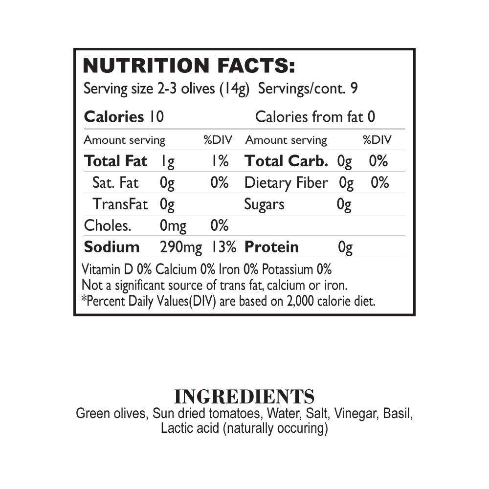 Nutrition Facts Sun Baked Tomato Basil Stuffed Olives