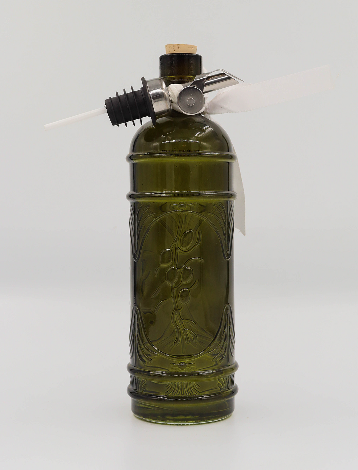 VINTAGE GREEN OLIVE LEAF GLASS BOTTLE