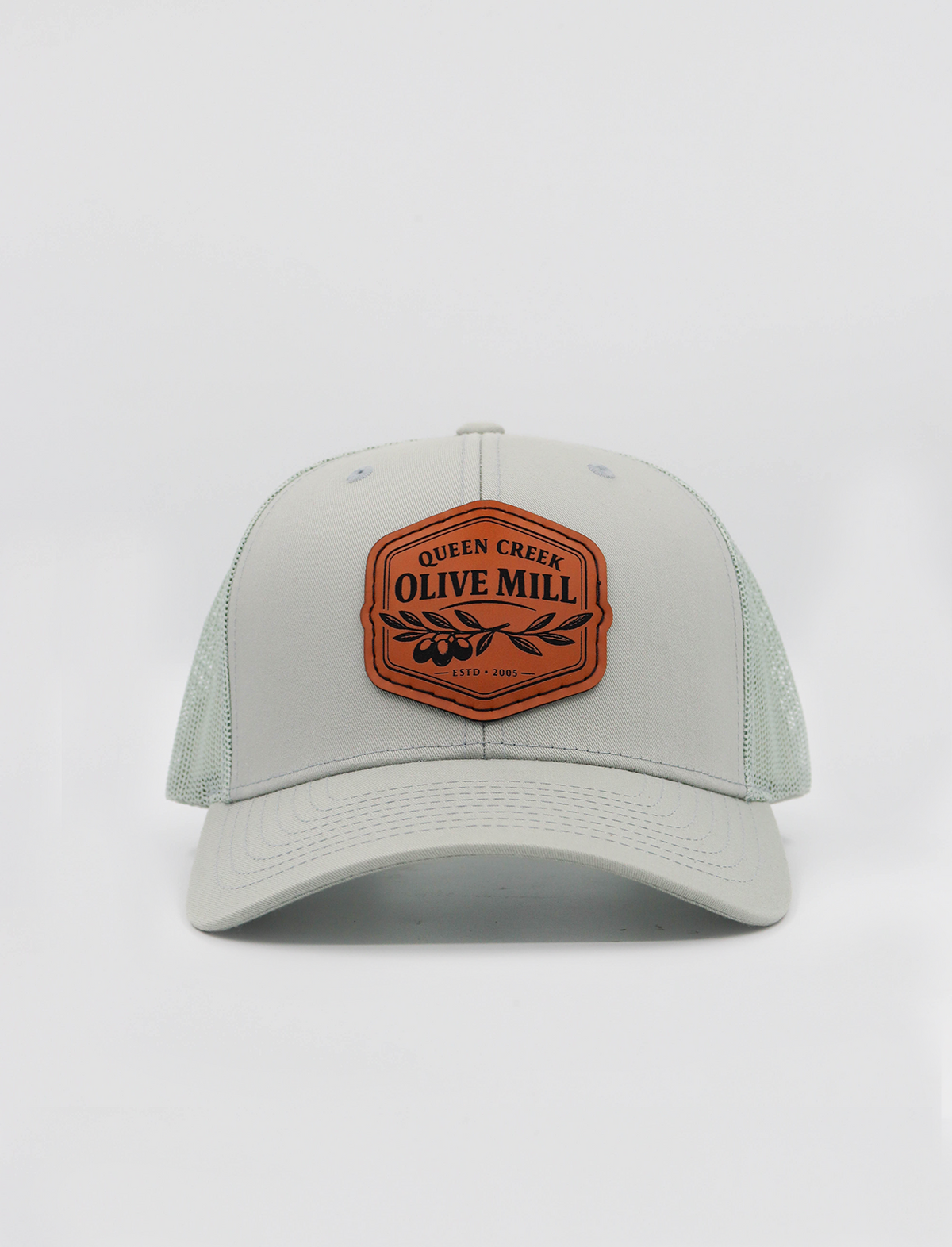 LEATHER PATCH HAT WITH OLIVE BRANCH DESIGN