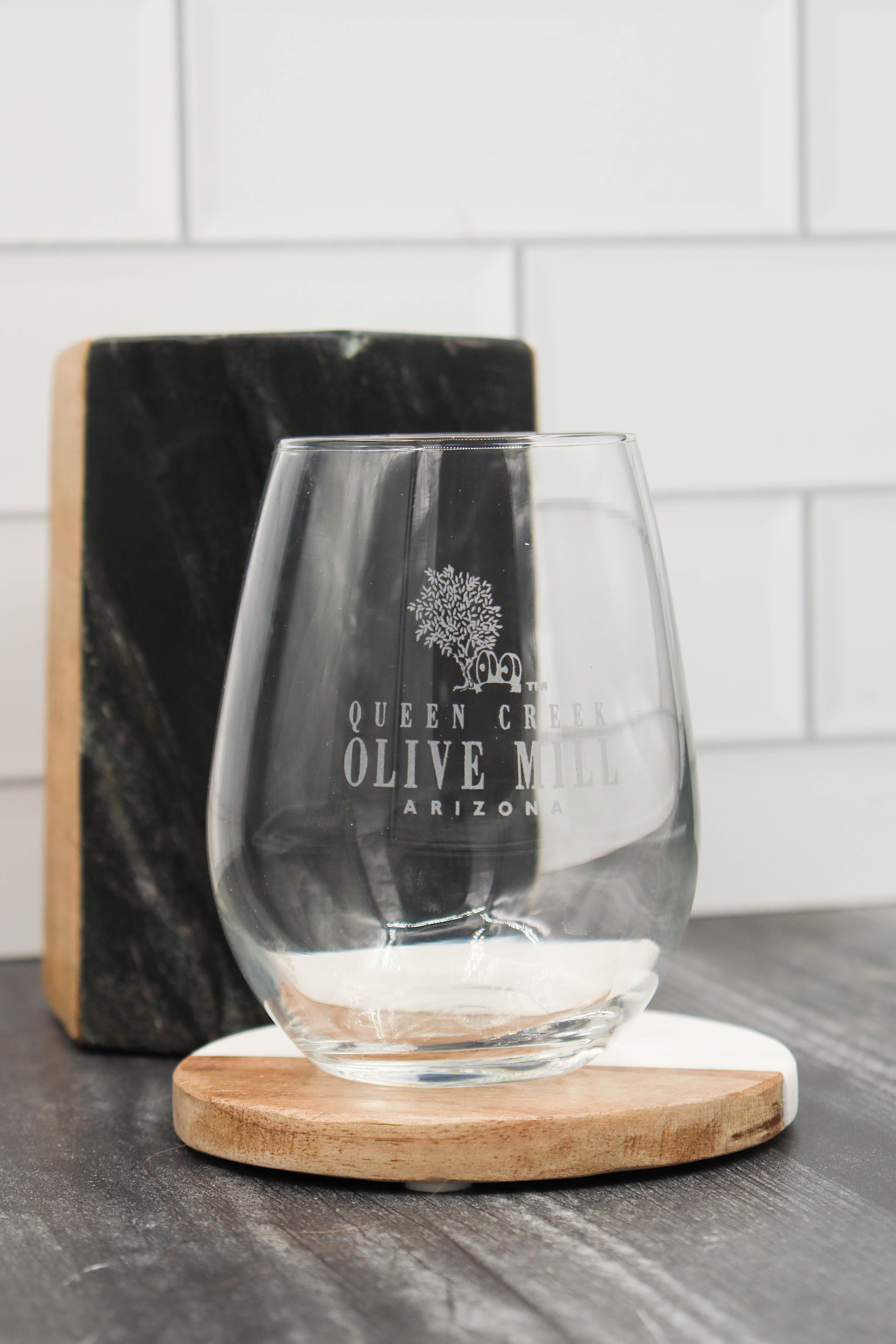 STEMLESS LOGO WINE GLASS - Queen Creek Olive Mill