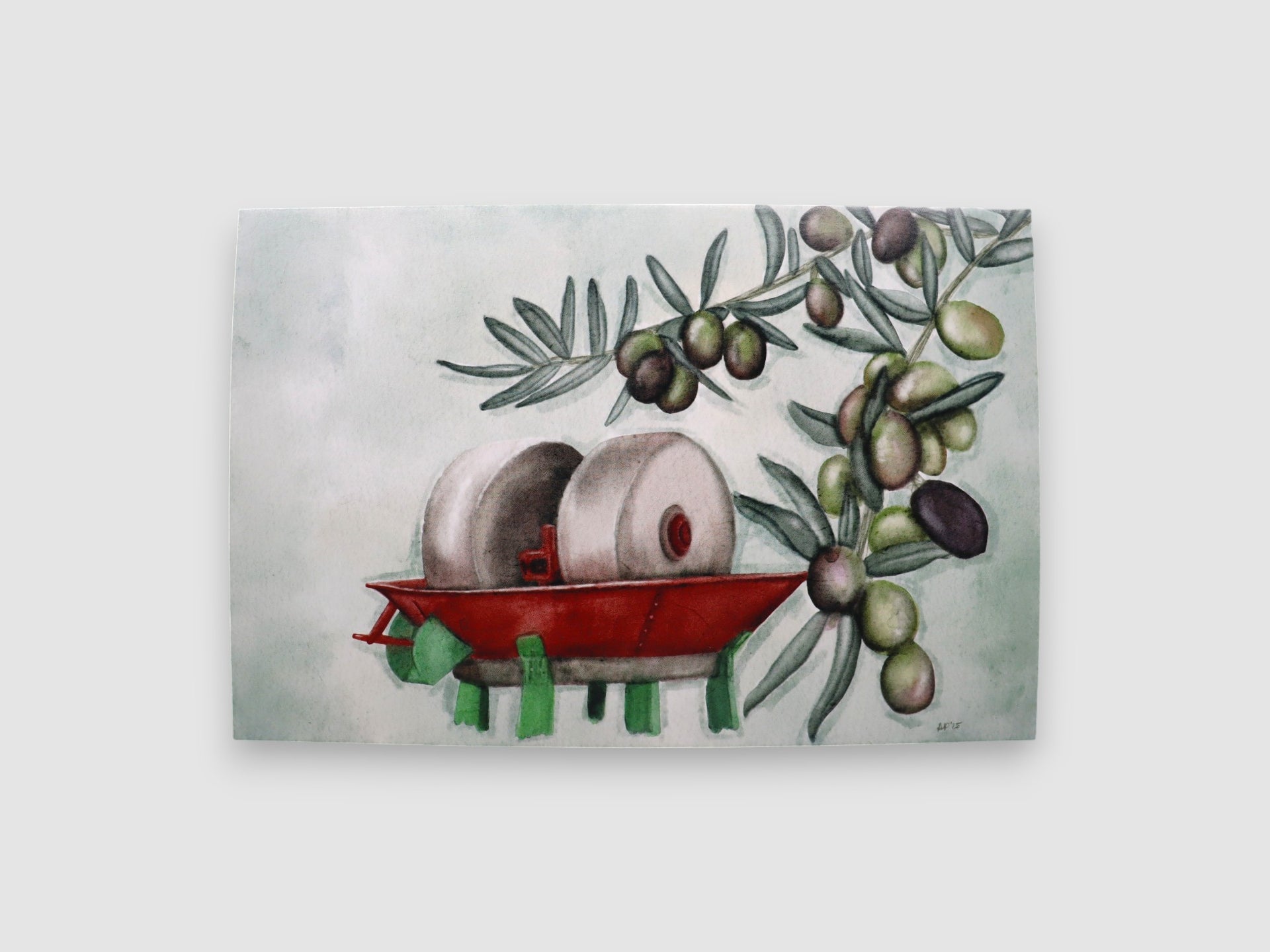 Dolce Vita Watercolor Old Stone Mill and Olive Branch Design Premium Finish Postcard