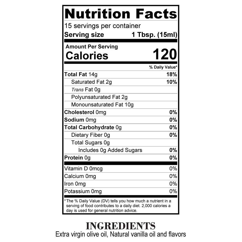 Nutrition Facts Vanilla Bean Olive Oil